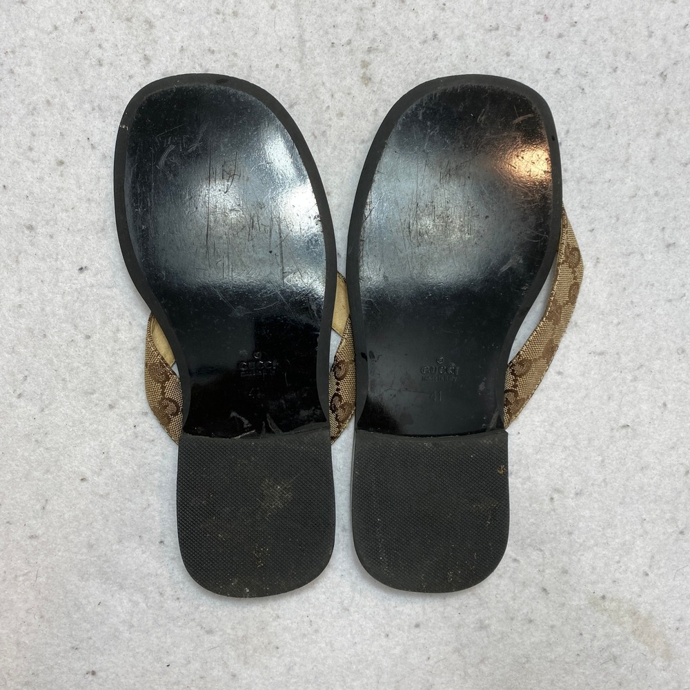 Gucci Sandals Mens 41 Black Brown Iconic GG Monogram Canvas Thong Flip Flop - Picture 9 of 11